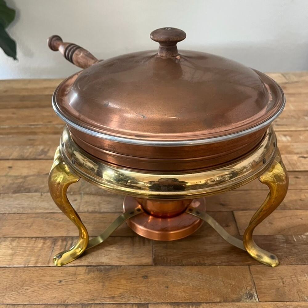Vintage Copper & Brass Chafing Dish Warming Pan Wood Handles